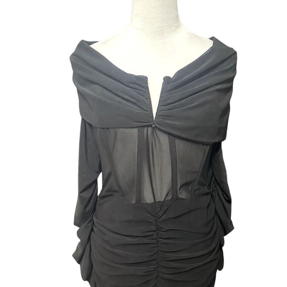 ASOS Luxe Curve Midi Dress Ruched Mesh Long Sleeve Back Zip Closure Black 12 NWT - Picture 2 of 10